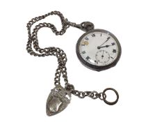 Silver pocket watch on a silver chain with fob
