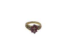 18ct gold ruby and diamond double flower head cluster ring