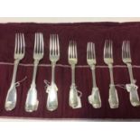 Seven 19th century fiddle and thread pattern silver forks, including four dessert and three table, h
