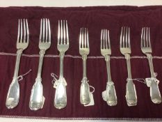 Seven 19th century fiddle and thread pattern silver forks, including four dessert and three table, h