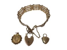 9ct gold gate bracelet with padlock clasp, 9ct gold St. Christopher and a 9ct gold heart shaped lock