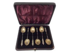 Cased set of six silver gilt apostle teaspoons with shell-shaped bowls, Birmingham 1896 (Thomas Haye
