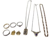 Three 9ct gold rings, two 9ct gold ‘Shell’ pendants, 9ct gold chain, two silver necklaces and a silv