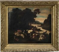 Large 19th century naive oil on canvas, classical scene with cattle