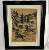 Chinese painting on ricepaper, warriors on horseback, signed with character mark, 40x 30cm, framed a