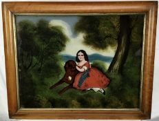 19th century reverse painting on glass depicting a girl and dog, also 19th century reverse painting