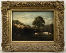 19th century naïve school oil on canvas, pastoral landscape with cows and corn stooks
