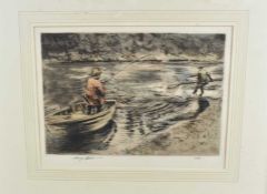 Henry Wilkinson (1921-2011) signed coloured etching - Landing the Catch, 6/250, 27c x 36cm, in glaze