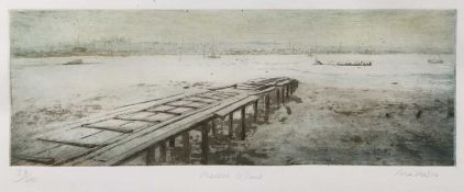 Pat Mallinson - etching in colours - 'Mersea Island', signed and numbered 33/100, 14cm x 39cm, in gl