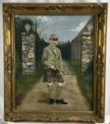 J. Bell, pastel portrait of a boy in a kilt standing at the gates of Inverneill House, signed and da