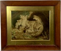 Early 20th century overpainted print ‘A Promising Litter’, fox and cubs, 27cm x 34cm in glazed frame