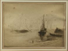 Edgar Chahine (1874-1927) etching, marine scene, signed
