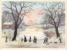 Helen Bradley (1900-1979), print, walk in the park, signed and with blind stamp, 27 x 37cm, glazed f
