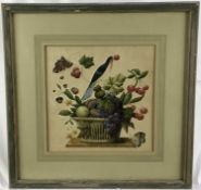 19th century watercolour still life of basket of fruit, bird and insects on a plinth