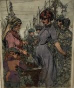 Early 20th century etching and aquatint - Picking grapes, signed indistinctly and dated 1910 in plat