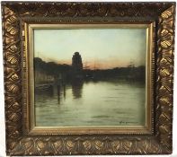 Hans Hansen (1853-1947) watercolour, Twilight dock scene, 35cm x 39cm, glazed frame