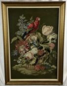 Victorian-style tapestry panel depicting a parrot among flowers, 76cm x 50cm, in glazed frame, toget