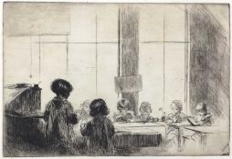 Eileen Soper (1905-1990) etching, lunchtime at school, unsigned, 17 x 24cm