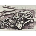 *Colin Moss (1914-2005) monochrome watercolour - Wrecked car, signed, 42cm x 59cm, unframed