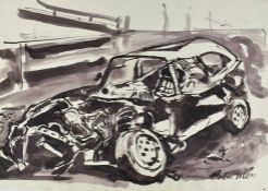 *Colin Moss (1914-2005) monochrome watercolour - Wrecked car, signed, 42cm x 59cm, unframed