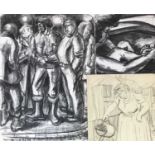 Colin Moss (1914-2005) pencil, Gardener, signed 55 x 38cm, together with two further figural studies