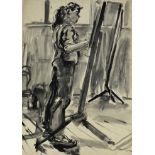 *Colin Moss (1914-2005) monochrome watercolour - Woman painting at her easel, unsigned, 76cm x 56cm