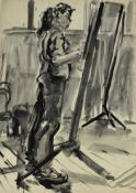 *Colin Moss (1914-2005) monochrome watercolour - Woman painting at her easel, unsigned, 76cm x 56cm