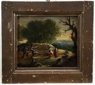 17th or 18th century School. Oil on board, figures dancing amongst trees on a hill overlooking the s
