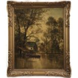 Dutch School (early 20th century), wooded river landscape with figures in a boat, indistinctly signe