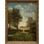 After Constable, oil on canvas, Figure, sheep and dog and another painting, oil on canvas, of a woma