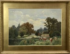 Benjamin John Ottwell (1847-1937) watercolour, Cattle beside a river, inscribed to old label verso