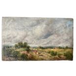 East Anglian School (19th century), oil on board, Extensive cloudy landscape with a figure driving c