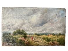 East Anglian School (19th century), oil on board, Extensive cloudy landscape with a figure driving c