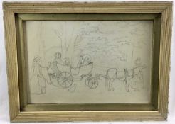 Early victorian naive school, graphite drawing of a donkey pulling a small childs carriage beside tr