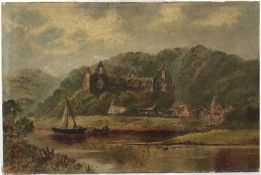English School (19th century), oil on canvas, An Abbey on the River Avon