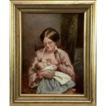 Follower of Augustus Edwin Mulready (1844-c.1903) oil on board - Mother feeding a Baby, bearing sign