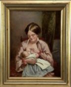 Follower of Augustus Edwin Mulready (1844-c.1903) oil on board - Mother feeding a Baby, bearing sign