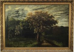 Belgian School, oil on panel, an extensive wooded landscape with a figure on a path
