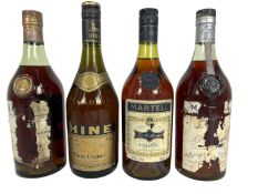 Cognac - four bottles, Martell and Hine, two mostly lacking labels