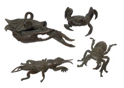 Four Japanese bronze okimono figures of crabs and insects