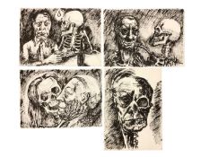 *Colin Moss (1914-2005) pen and wash, a series of four pictures featuring an elderly man and a skele