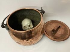 Large Victorian copper cauldron with forged iron handle