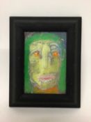 Peter McCarthy (contemporary) oil on board of a figure with green hair and orange eyes, titled verso