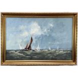 George W Gill oil on board, Crossing the bar Yacht racing scene, signed and label to reverse