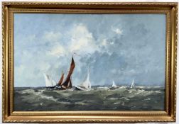 George W Gill oil on board, Crossing the bar Yacht racing scene, signed and label to reverse