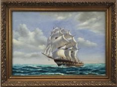 Channing, oil on canvas, A Warship under full sail, 40cm x 60cm, in gilt frame