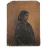 Interesting portrait of a woman, oil on board, possibly Indian, remains of label and inscription ver