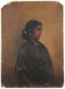 Interesting portrait of a woman, oil on board, possibly Indian, remains of label and inscription ver
