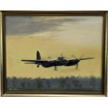 English School 1978, oil on board, A Mosquito Aircraft in flight, signed and dated