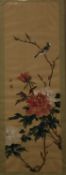 Chinese watercolour / ink scroll painting. Bird in flowering tree. Signed with character marks and s